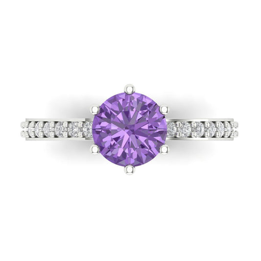 1.71 cttw Simulated Alexandrite Solitaire with Zirconia Simulated Diamond Accents Engagement Ring - Solid White Gold (VVS1, Round Cut,7.5mm)