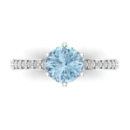 1.71 cttw Natural Swiss Blue Topaz Solitaire with Zirconia Simulated Diamond Accents Engagement Ring - Solid Gold (Round Cut,7.5mm)