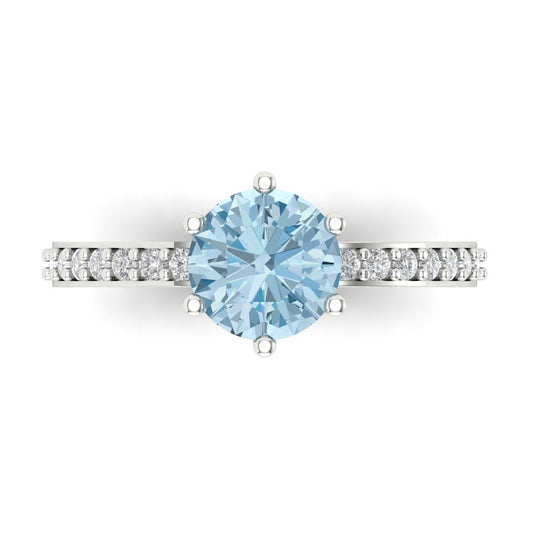 1.71 cttw Natural Swiss Blue Topaz Solitaire with Zirconia Simulated Diamond Accents Engagement Ring - Solid White Gold (VVS1, Round Cut,7.5mm)