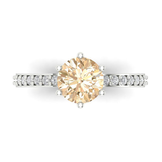 1.71 cttw Natural Morganite Solitaire with Zirconia Simulated Diamond Accents Engagement Ring - Solid White Gold (VVS1, Round Cut,7.5mm)