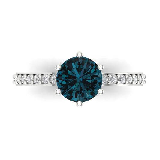 1.71 cttw Natural London Blue Topaz Solitaire with Zirconia Simulated Diamond Accents Engagement Ring - Solid White Gold (VVS1, Round Cut,7.5mm)