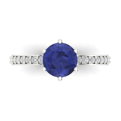 1.71 cttw Simulated Tanzanite Solitaire with Zirconia Simulated Diamond Accents Engagement Ring - Solid Gold (Round Cut,7.5mm)