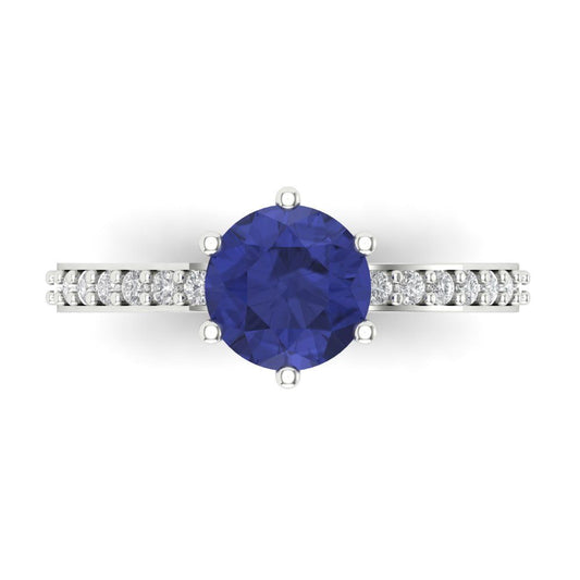 1.71 cttw Simulated Tanzanite Solitaire with Zirconia Simulated Diamond Accents Engagement Ring - Solid White Gold (VVS1, Round Cut,7.5mm)