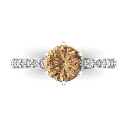1.71 cttw Zirconia Simulated Champagne Diamond Solitaire with Zirconia Simulated Diamond Accents Engagement Ring - Solid White Gold (VVS1, Round Cut,7.5mm)