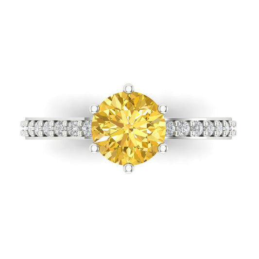 1.71 cttw Zirconia Simulated Yellow Diamond Solitaire with Zirconia Simulated Diamond Accents Engagement Ring - Solid White Gold (VVS1, Round Cut,7.5mm)