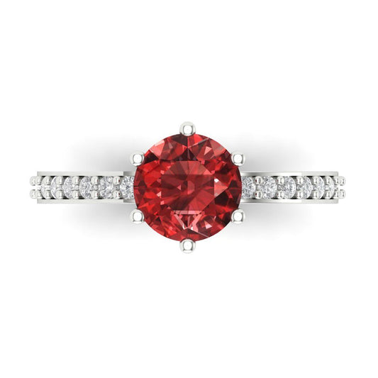 1.71 cttw Natural Garnet Solitaire with Zirconia Simulated Diamond Accents Engagement Ring - Solid White Gold (VVS1, Round Cut,7.5mm)