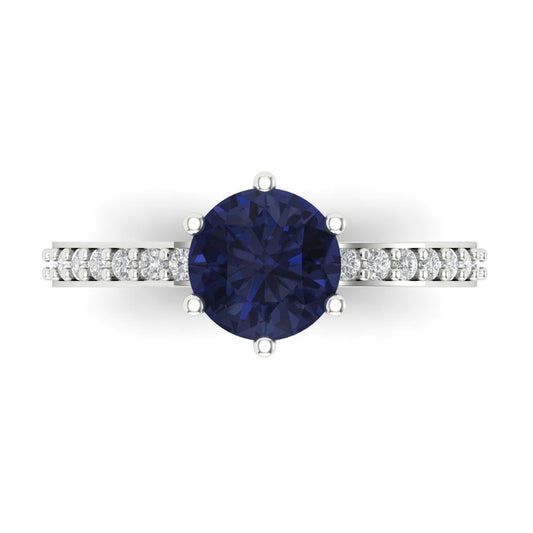 1.71 cttw Simulated Blue Sapphire Solitaire with Zirconia Simulated Diamond Accents Engagement Ring - Solid White Gold (VVS1, Round Cut,7.5mm)