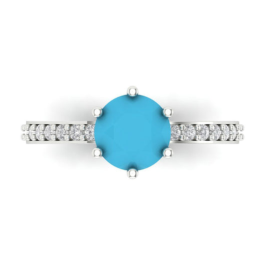 1.71 cttw Simulated Turquoise Solitaire with Zirconia Simulated Diamond Accents Engagement Ring - Solid White Gold (VVS1, Round Cut,7.5mm)