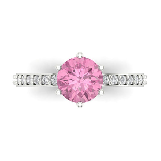 1.71 cttw Zirconia Simulated Pink Diamond Solitaire with Zirconia Simulated Diamond Accents Engagement Ring - Solid White Gold (VVS1, Round Cut,7.5mm)