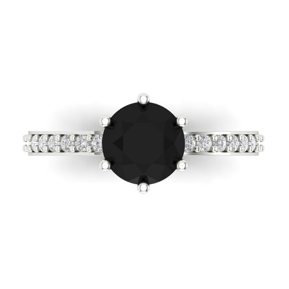 1.71 cttw Natural Onyx Solitaire with Zirconia Simulated Diamond Accents Engagement Ring - Solid Gold (Round Cut,7.5mm)
