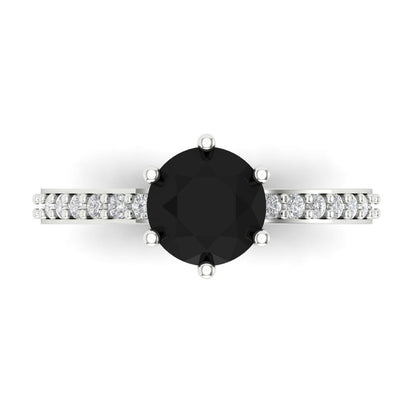 1.71 cttw Natural Onyx Solitaire with Zirconia Simulated Diamond Accents Engagement Ring - Solid Gold (Round Cut,7.5mm)