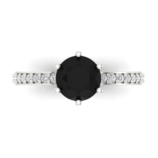 1.71 cttw Natural Onyx Solitaire with Zirconia Simulated Diamond Accents Engagement Ring - Solid White Gold (VVS1, Round Cut,7.5mm)