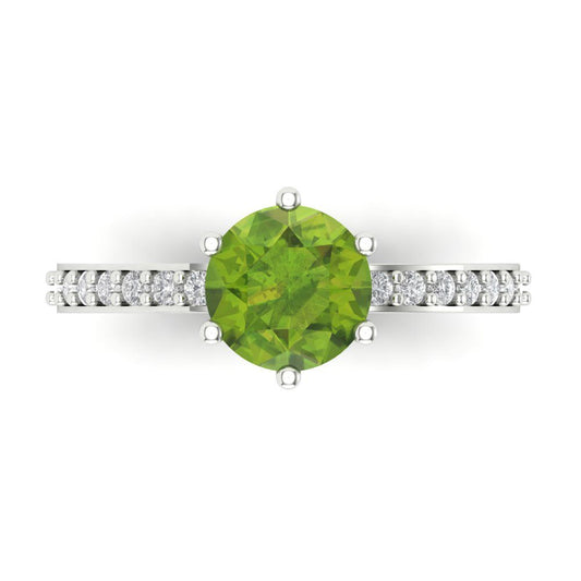 1.71 cttw Natural Peridot Solitaire with Zirconia Simulated Diamond Accents Engagement Ring - Solid White Gold (VVS1, Round Cut,7.5mm)