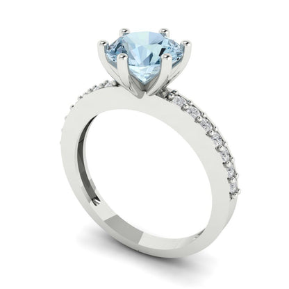 1.71 cttw Natural Swiss Blue Topaz Solitaire with Zirconia Simulated Diamond Accents Engagement Ring - Solid Gold (Round Cut,7.5mm)