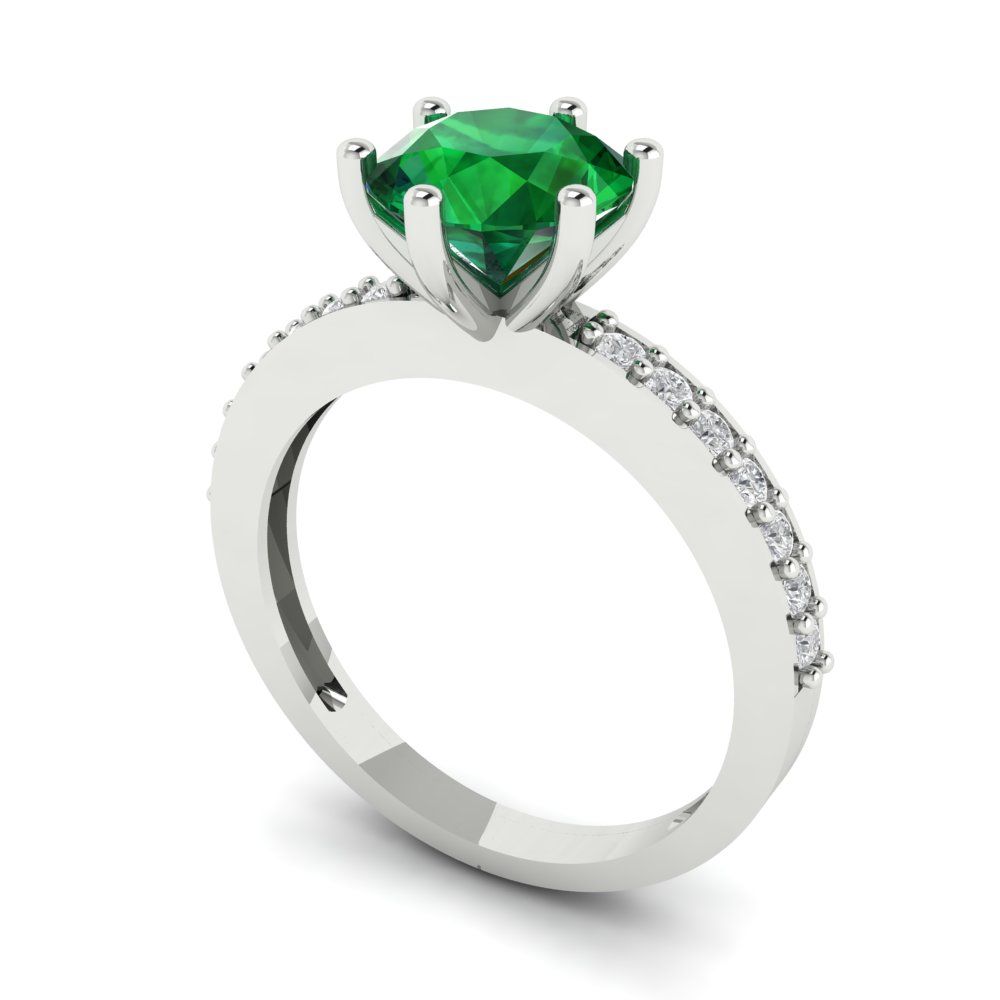 1.71 cttw Simulated Emerald Solitaire with Zirconia Simulated Diamond Accents Engagement Ring - Solid Gold (Round Cut,7.5mm)