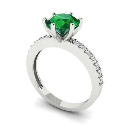 1.71 cttw Simulated Emerald Solitaire with Zirconia Simulated Diamond Accents Engagement Ring - Solid Gold (Round Cut,7.5mm)