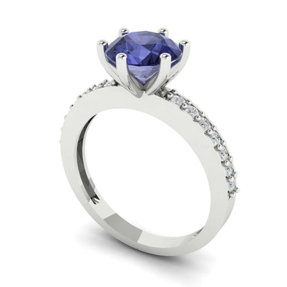 1.71 cttw Simulated Tanzanite Solitaire with Zirconia Simulated Diamond Accents Engagement Ring - Solid Gold (Round Cut,7.5mm)