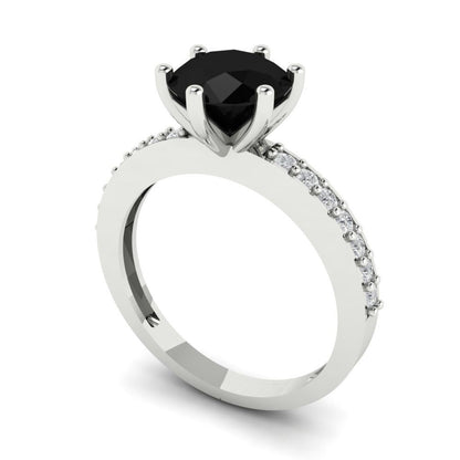 1.71 cttw Natural Onyx Solitaire with Zirconia Simulated Diamond Accents Engagement Ring - Solid Gold (Round Cut,7.5mm)