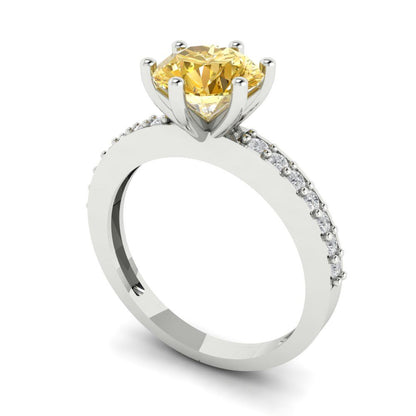 1.71 cttw Yellow Moissanite Solitaire with Zirconia Simulated Diamond Accents Engagement Ring - Solid Gold (Round Cut,7.5mm)