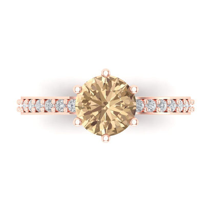 1.71 cttw Yellow Moissanite Solitaire with Zirconia Simulated Diamond Accents Engagement Ring - Solid Rose Gold (VVS1, Round Cut,7.5mm)