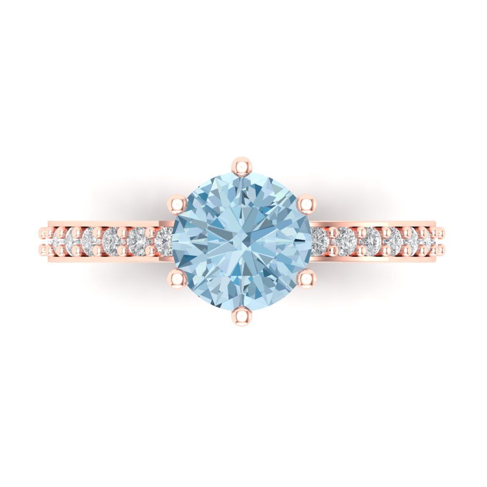 1.71 cttw Natural Aquamarine Solitaire with Zirconia Simulated Diamond Accents Engagement Ring - Solid Gold (Round Cut,7.5mm)