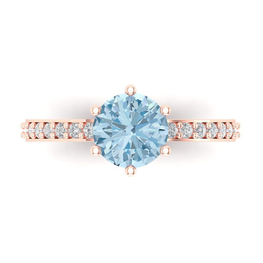 1.71 cttw Natural Aquamarine Solitaire with Zirconia Simulated Diamond Accents Engagement Ring - Solid Rose Gold (VVS1, Round Cut,7.5mm)