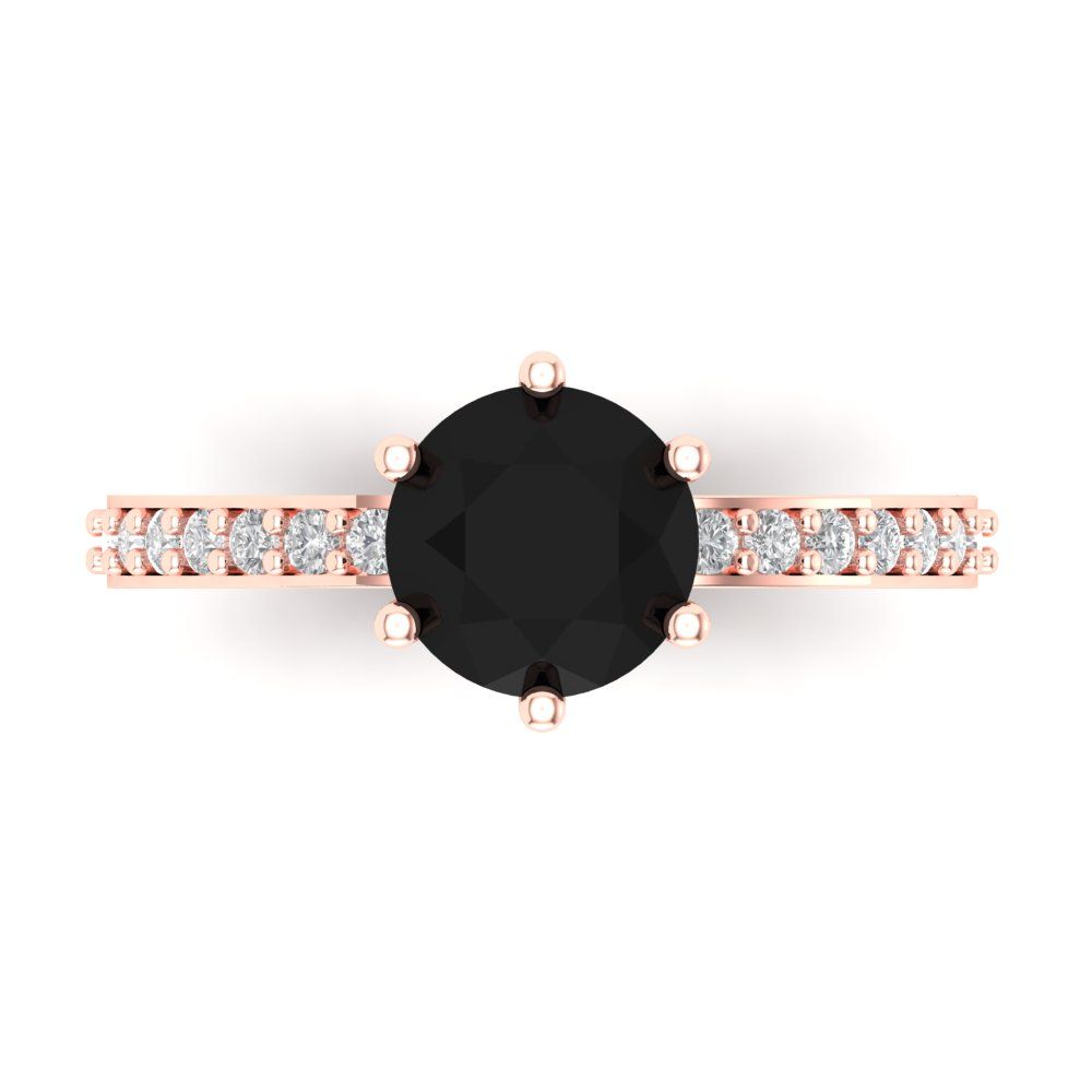 1.71 cttw Natural Onyx Solitaire with Zirconia Simulated Diamond Accents Engagement Ring - Solid Gold (Round Cut,7.5mm)