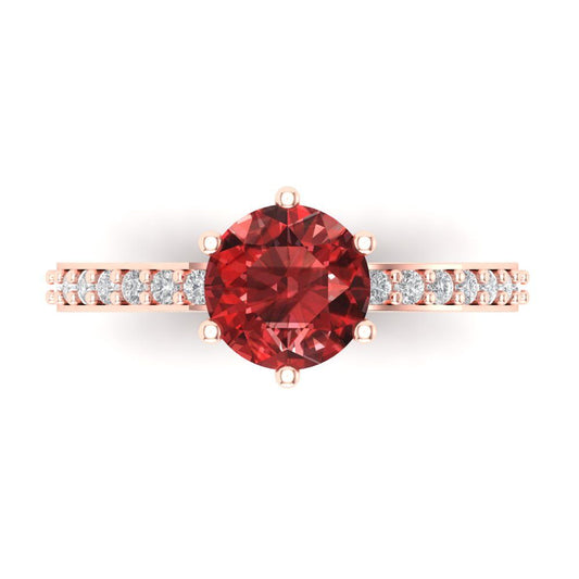 1.71 cttw Natural Garnet Solitaire with Zirconia Simulated Diamond Accents Engagement Ring - Solid Rose Gold (VVS1, Round Cut,7.5mm)