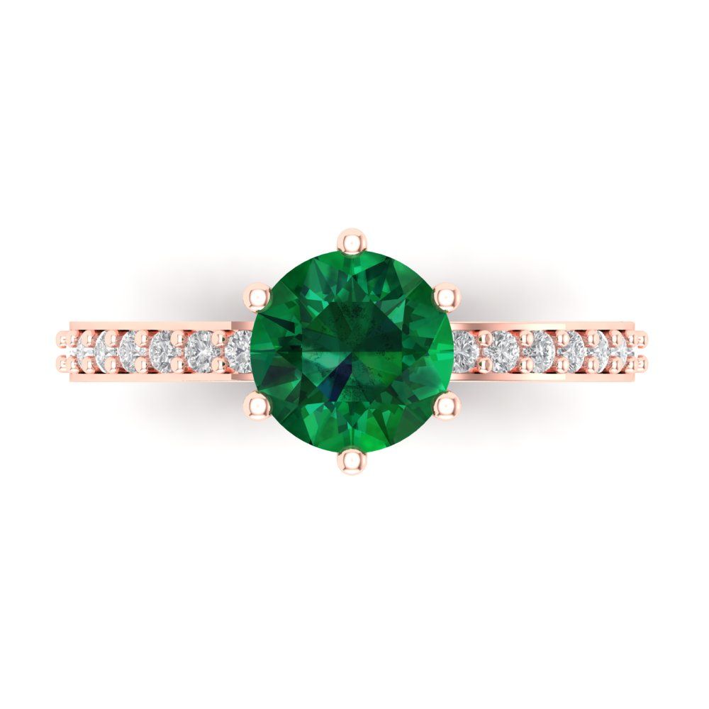 1.71 cttw Simulated Emerald Solitaire with Zirconia Simulated Diamond Accents Engagement Ring - Solid Gold (Round Cut,7.5mm)