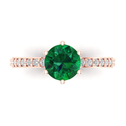 1.71 cttw Simulated Emerald Solitaire with Zirconia Simulated Diamond Accents Engagement Ring - Solid Gold (Round Cut,7.5mm)
