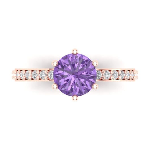 1.71 cttw Simulated Alexandrite Solitaire with Zirconia Simulated Diamond Accents Engagement Ring - Solid Rose Gold (VVS1, Round Cut,7.5mm)