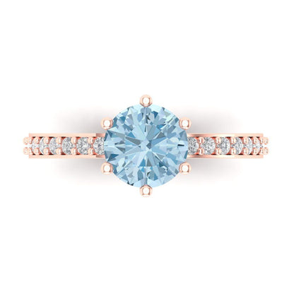 1.71 cttw Natural Swiss Blue Topaz Solitaire with Zirconia Simulated Diamond Accents Engagement Ring - Solid Gold (Round Cut,7.5mm)