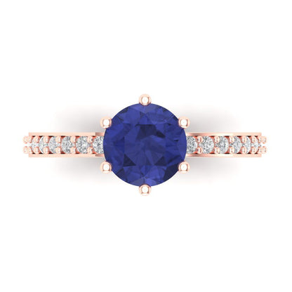 1.71 cttw Simulated Tanzanite Solitaire with Zirconia Simulated Diamond Accents Engagement Ring - Solid Gold (Round Cut,7.5mm)