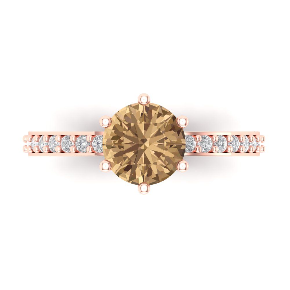 1.71 cttw Zirconia Simulated Champagne Diamond Solitaire with Zirconia Simulated Diamond Accents Engagement Ring - Solid Gold (VVS1, Round Cut,7.5mm)