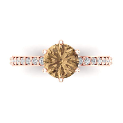 1.71 cttw Zirconia Simulated Champagne Diamond Solitaire with Zirconia Simulated Diamond Accents Engagement Ring - Solid Gold (VVS1, Round Cut,7.5mm)