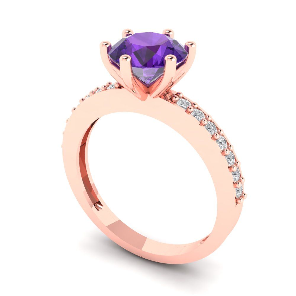 1.71 cttw Natural Amethyst Solitaire with Zirconia Simulated Diamond Accents Engagement Ring - Solid Gold (Round Cut,7.5mm)