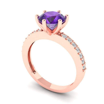 1.71 cttw Natural Amethyst Solitaire with Zirconia Simulated Diamond Accents Engagement Ring - Solid Gold (Round Cut,7.5mm)