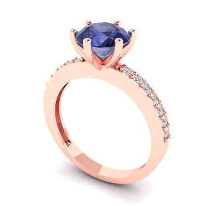 1.71 cttw Simulated Tanzanite Solitaire with Zirconia Simulated Diamond Accents Engagement Ring - Solid Gold (Round Cut,7.5mm)