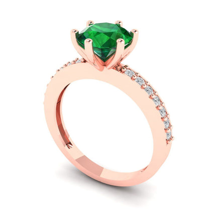 1.71 cttw Simulated Emerald Solitaire with Zirconia Simulated Diamond Accents Engagement Ring - Solid Gold (Round Cut,7.5mm)