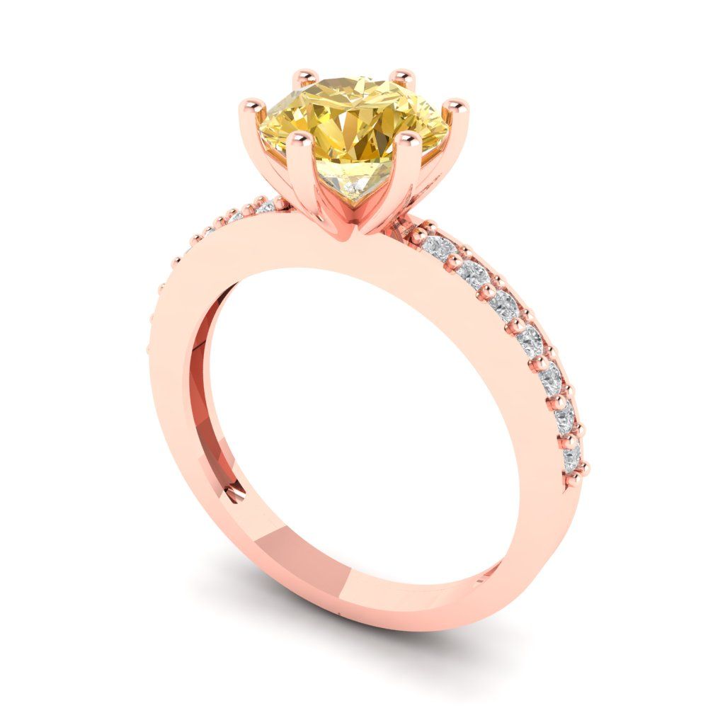 1.71 cttw Yellow Moissanite Solitaire with Zirconia Simulated Diamond Accents Engagement Ring - Solid Rose Gold (VVS1, Round Cut,7.5mm)