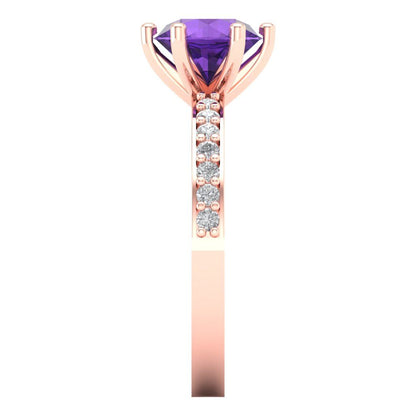 1.71 cttw Natural Amethyst Solitaire with Zirconia Simulated Diamond Accents Engagement Ring - Solid Gold (Round Cut,7.5mm)