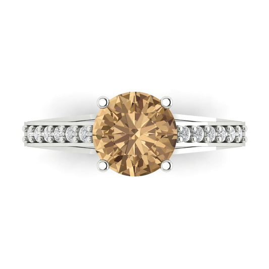 2.21 cttw Zirconia Simulated Champagne Diamond Solitaire with Zirconia Simulated Diamond Accents Engagement Ring - Solid White Gold (VVS1, Round Cut,8.0mm)