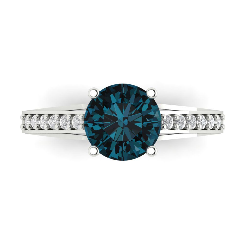 2.21 cttw Natural London Blue Topaz Solitaire with Zirconia Simulated Diamond Accents Engagement Ring - Solid Gold (Round Cut,8.0mm)