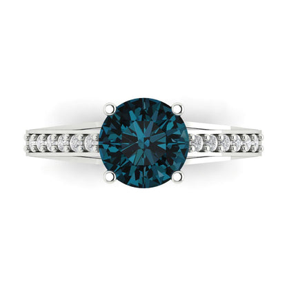 2.21 cttw Natural London Blue Topaz Solitaire with Zirconia Simulated Diamond Accents Engagement Ring - Solid Gold (Round Cut,8.0mm)