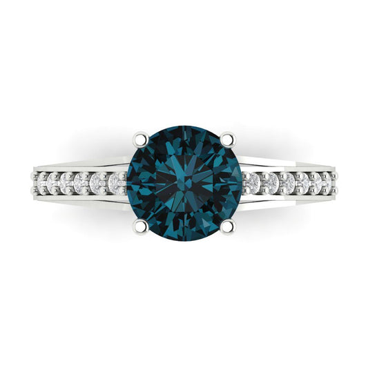 2.21 cttw Natural London Blue Topaz Solitaire with Zirconia Simulated Diamond Accents Engagement Ring - Solid White Gold (VVS1, Round Cut,8.0mm)