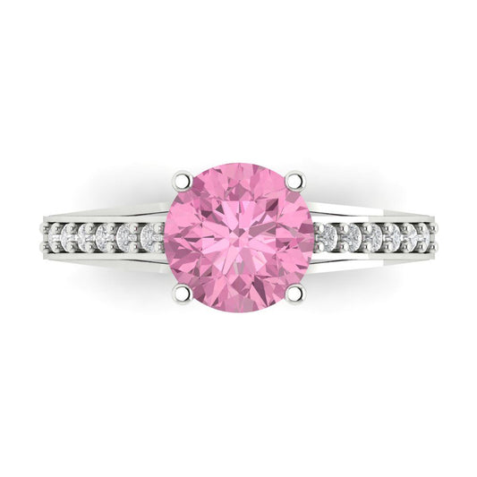 2.21 cttw Zirconia Simulated Pink Diamond Solitaire with Zirconia Simulated Diamond Accents Engagement Ring - Solid White Gold (VVS1, Round Cut,8.0mm)