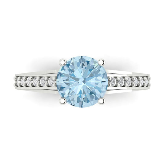 2.21 cttw Natural Aquamarine Solitaire with Zirconia Simulated Diamond Accents Engagement Ring - Solid White Gold (VVS1, Round Cut,8.0mm)