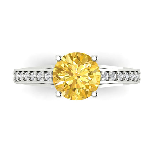 2.21 cttw Natural Citrine Solitaire with Zirconia Simulated Diamond Accents Engagement Ring - Solid White Gold (VVS1, Round Cut,8.0mm)