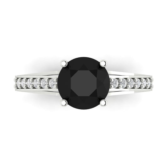 2.21 cttw Natural Onyx Solitaire with Zirconia Simulated Diamond Accents Engagement Ring - Solid White Gold (VVS1, Round Cut,8.0mm)