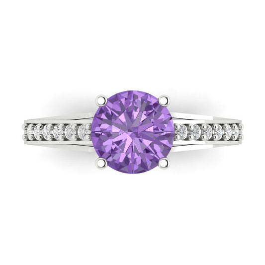 2.21 cttw Simulated Alexandrite Solitaire with Zirconia Simulated Diamond Accents Engagement Ring - Solid White Gold (VVS1, Round Cut,8.0mm)